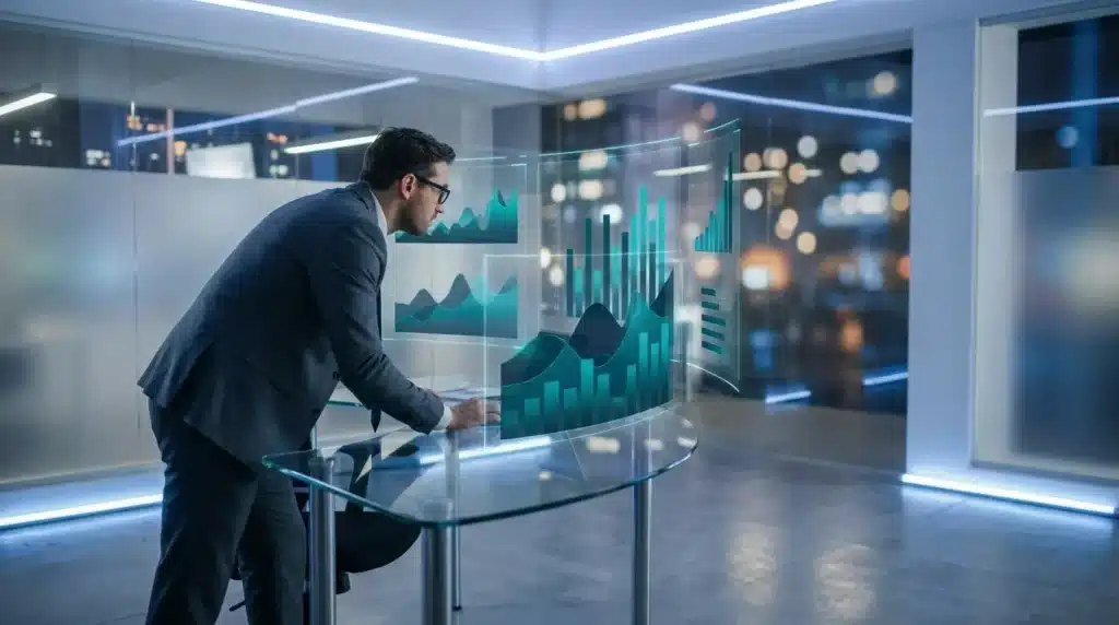 Homme d'affaires examine des graphiques holographiques colorés