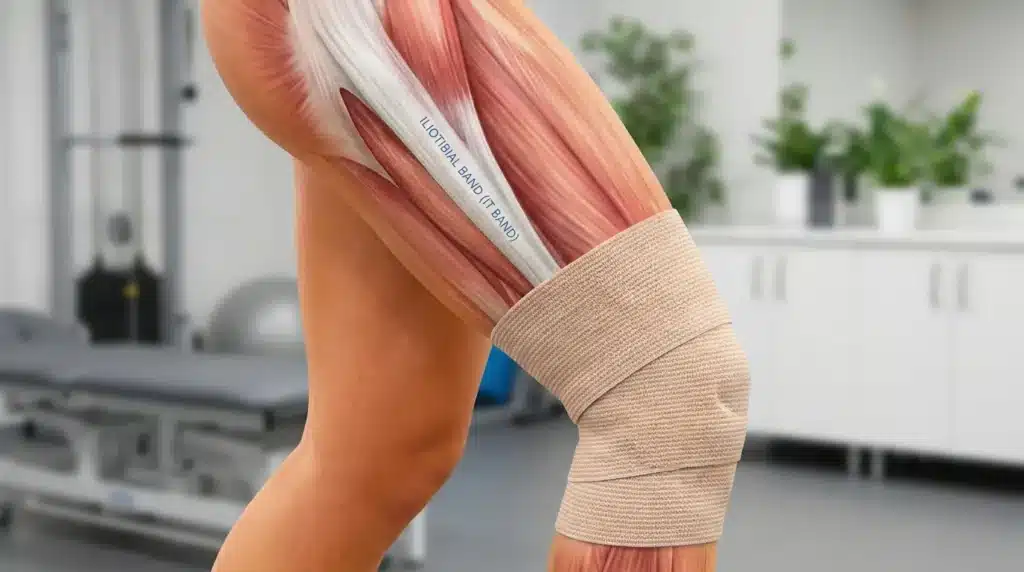 Illustration médicale du genou avec bandage de compression