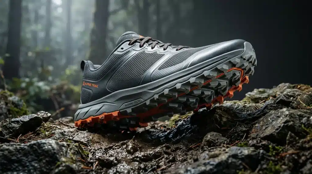 Chaussure de trail grise et orange sur rochers mousses