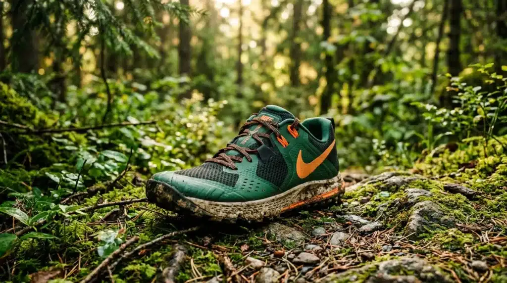 Chaussure de trail Nike verte et orange sur sol forestier moussu