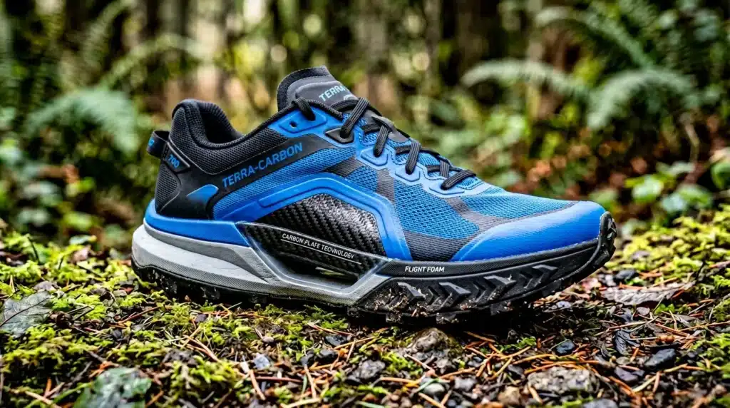 Chaussure de trail bleu et noir sur mousse verte