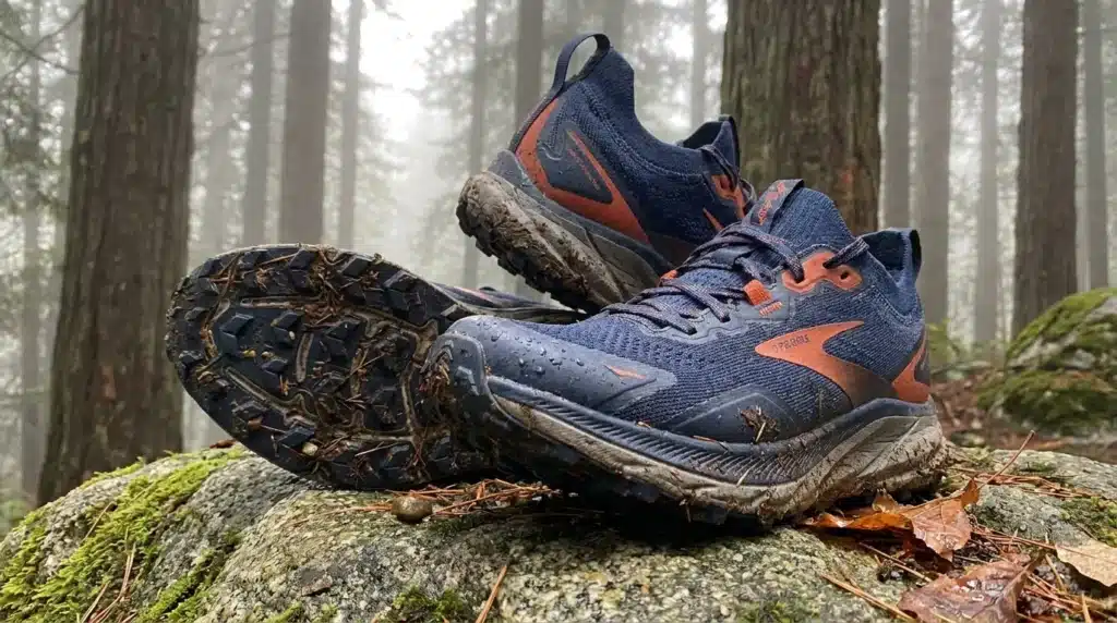 Deux chaussures de randonnée bleues et orange sur roche mousse