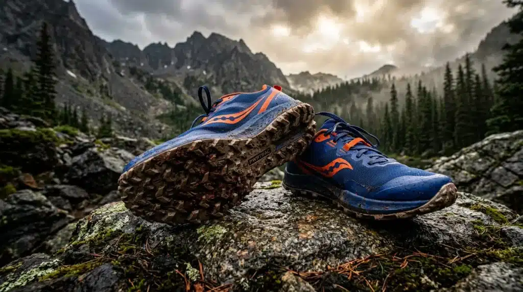 Chaussures de trail bleu-orange sur rocher, paysage montagneux