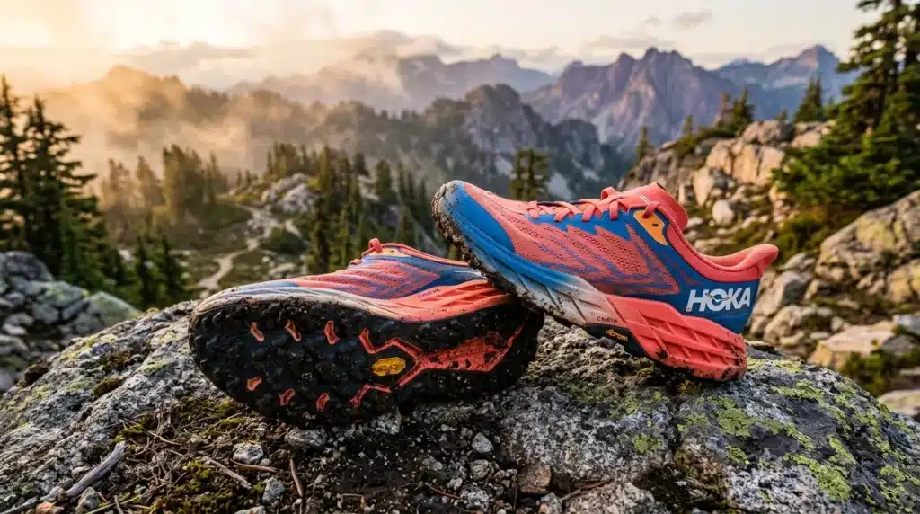 Chaussures de trail HOKA rouges sur rocher montagneux