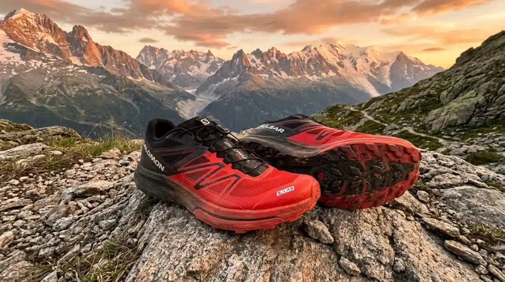 Chaussures Salomon rouges sur roche avec montagnes enneigées