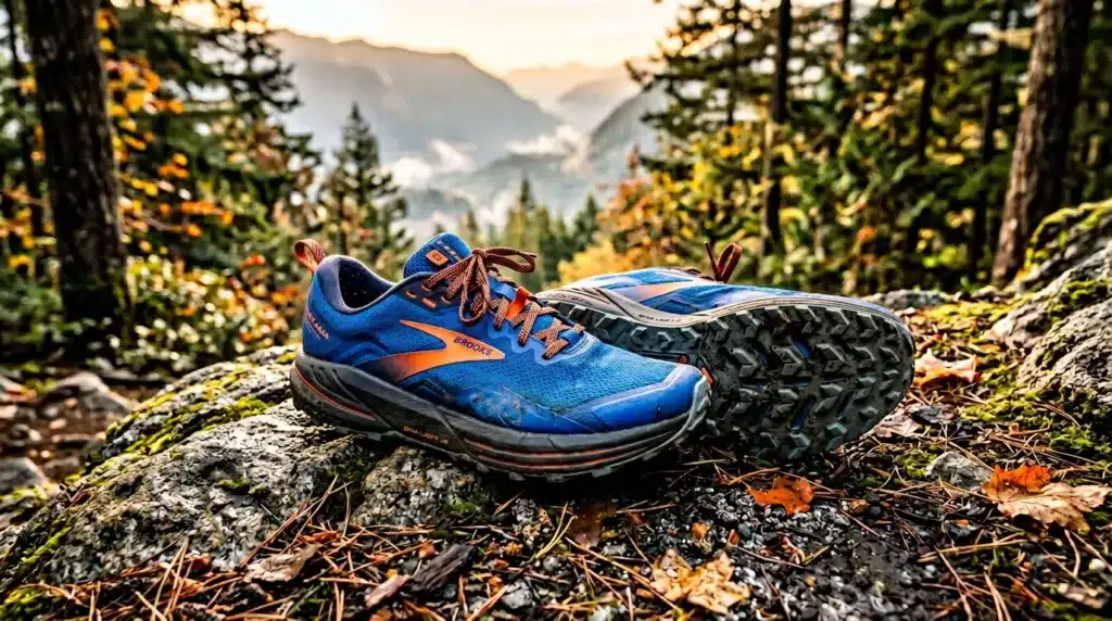 Chaussures de trail bleu orange sur rocher moussu, montagne arrière-plan