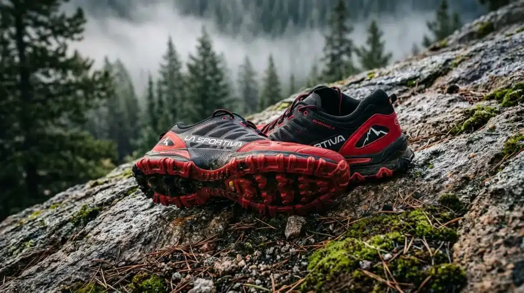 Chaussures La Sportiva rouges et noires sur rocher montagneux