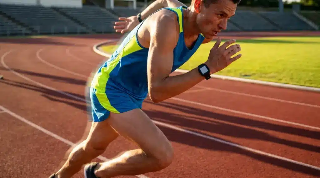 Athlète courant sur piste d'athlétisme avec montre connectée