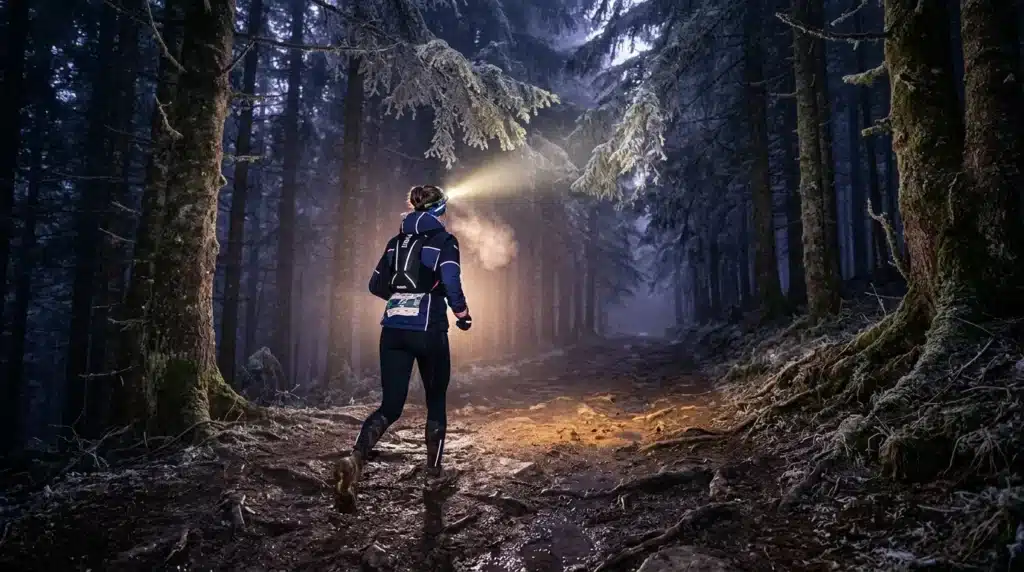 Coureur de nuit avec lampe frontale dans forêt enneigée