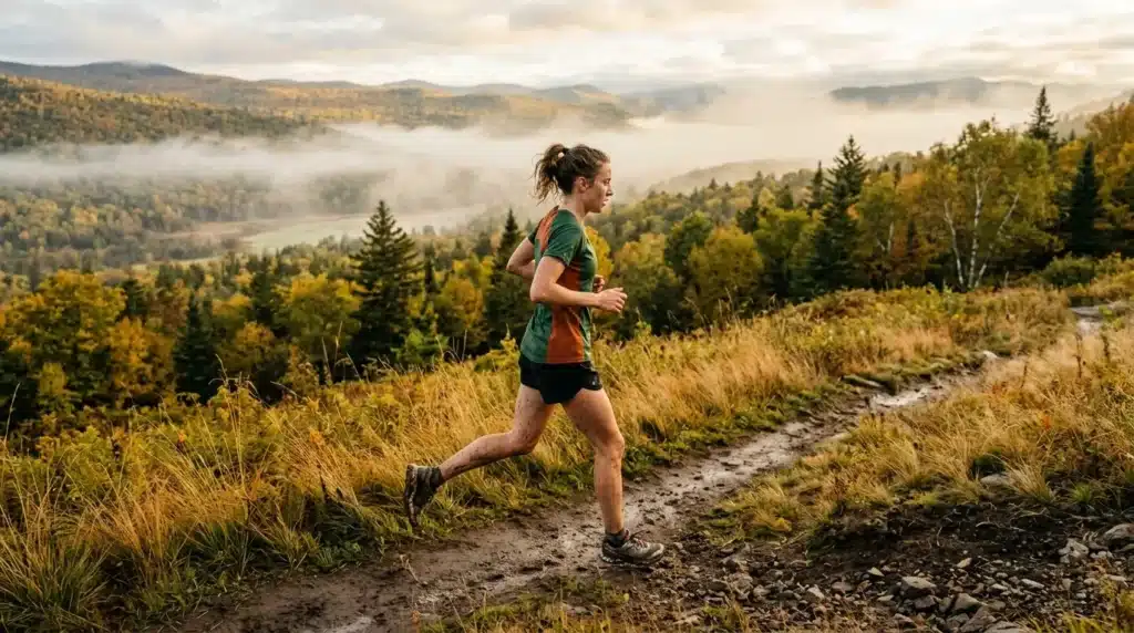 Femme trail running en montagne avec vallée brumense