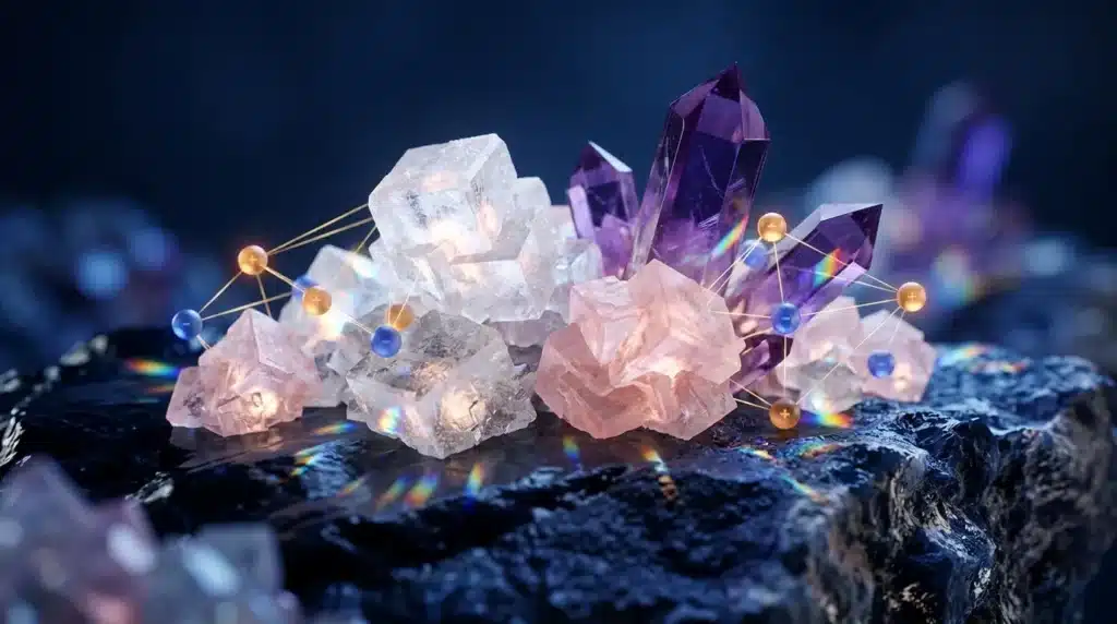 Cristaux colorés reliés par sphères brillantes sur roche