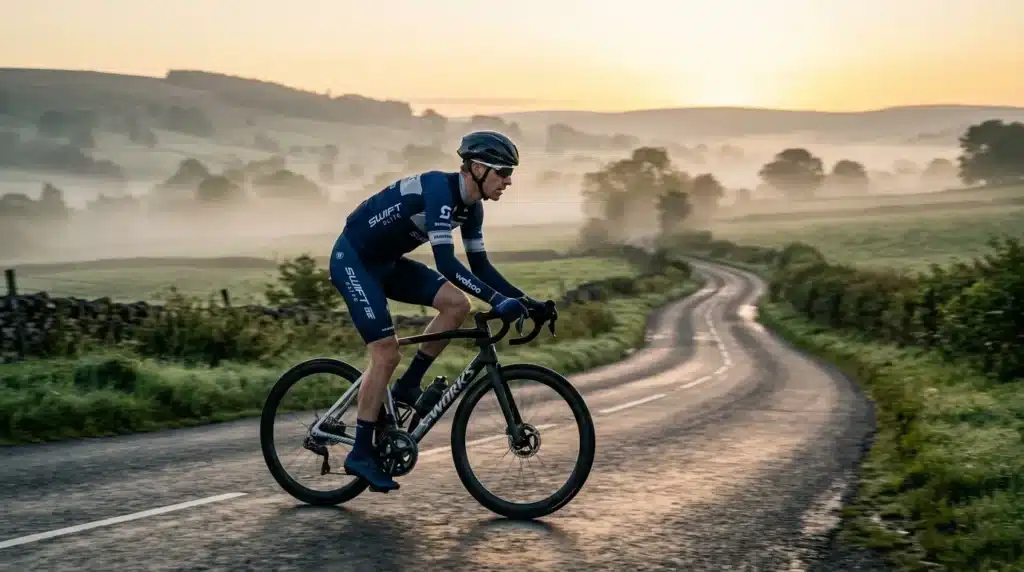 Cycliste en tenue bleue roulant sur route campagnarde brumeuse