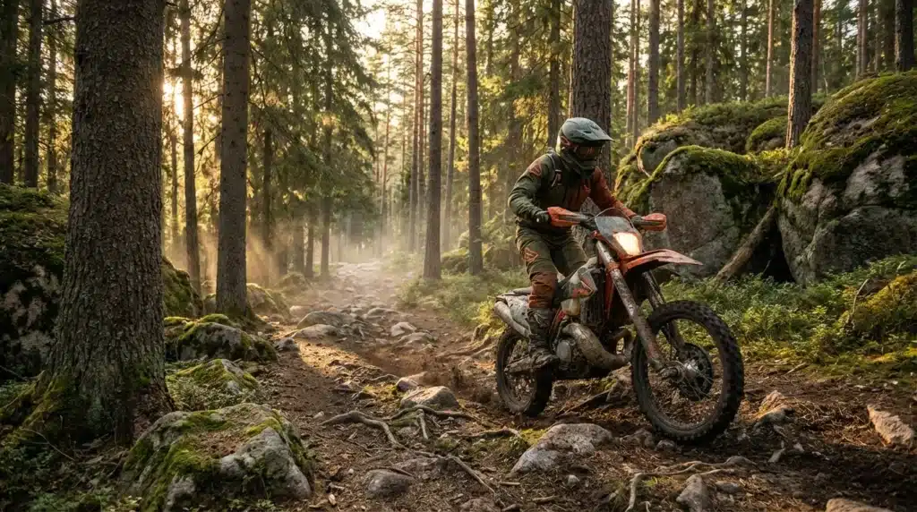 Motard sur sentier forestier rocheux entouré d'arbres