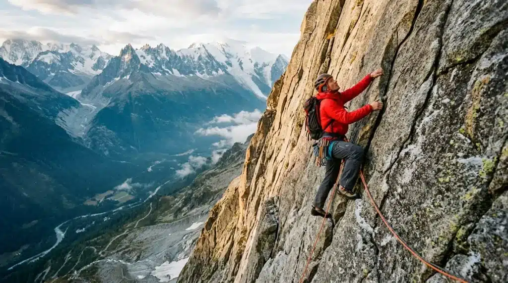 Grimpeur en rouge escaladant une paroi rocheuse avec montagnes enneigées.