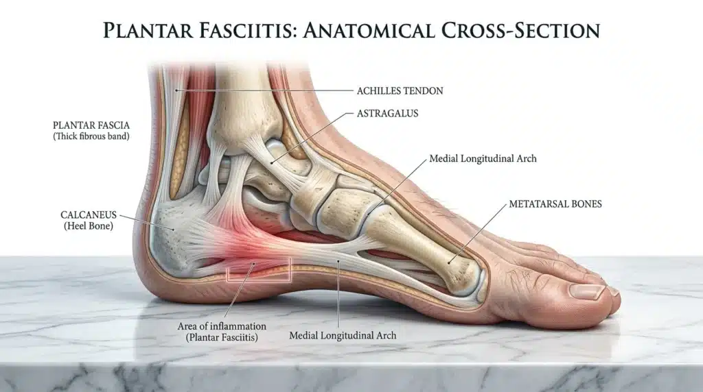 Coupe anatomique du pied montrant l'inflammation de la fascia plantaire