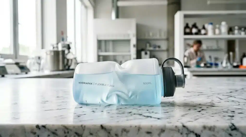 Bouteille d'eau flexible bleue Hydrapak en laboratoire