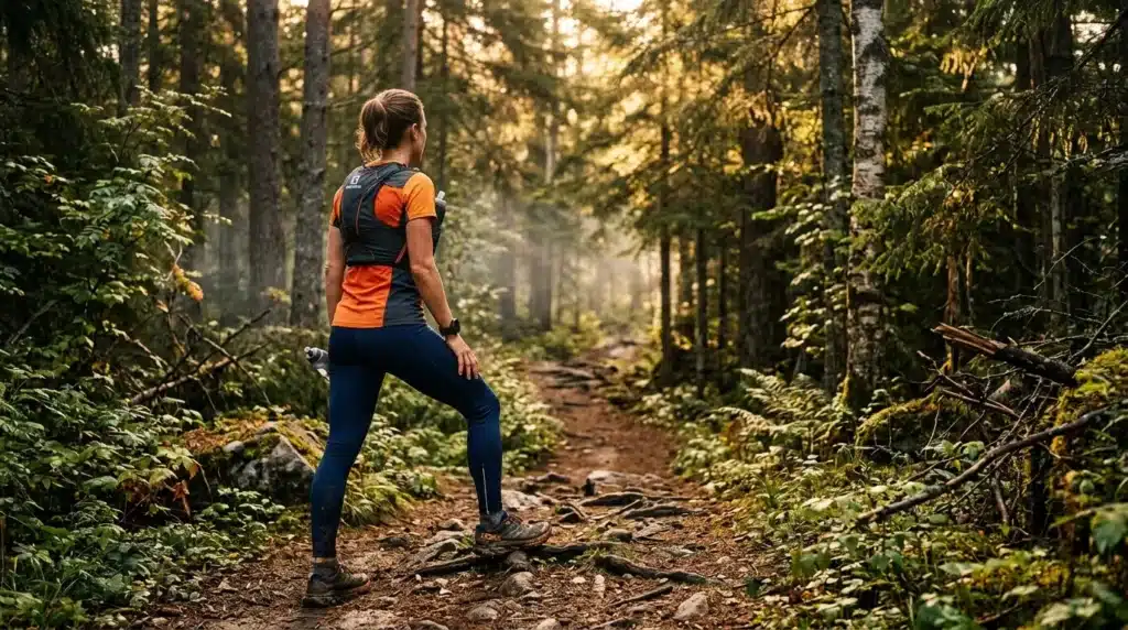 Femme en tenue de sport court de forêt dense