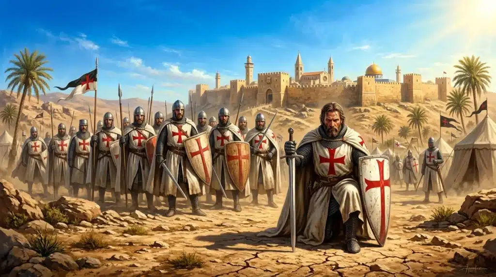 Guerriers croisés armés face à la cité fortifiée de Jérusalem