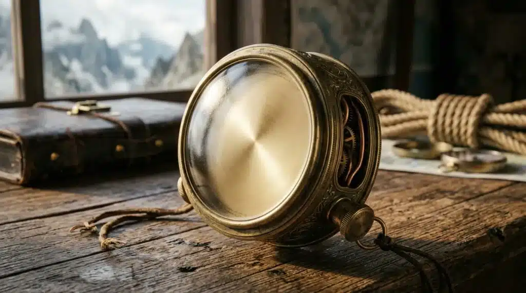 Loupe vintage en laiton sur bois, montagnes en arrière-plan