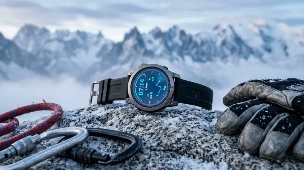 Smartwatch affichant l'heure sur rocher enneigé, équipement alpinisme