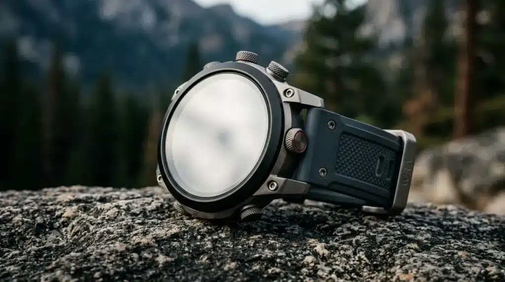 Montre intelligente noire posée sur pierre, paysage montagneux