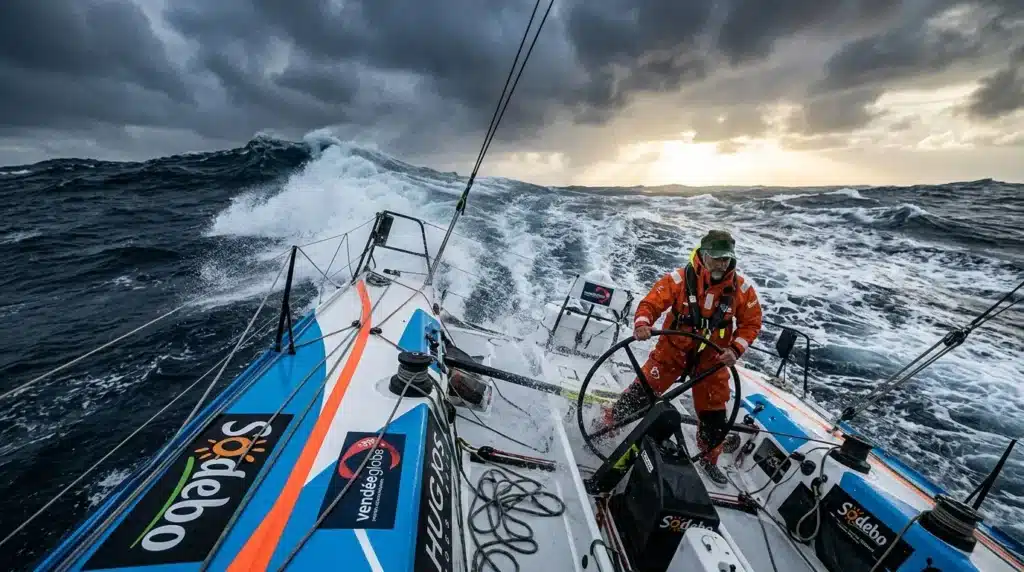 Marin en gilet orange gouvernant un voilier bleu dans des vagues tumultueuses
