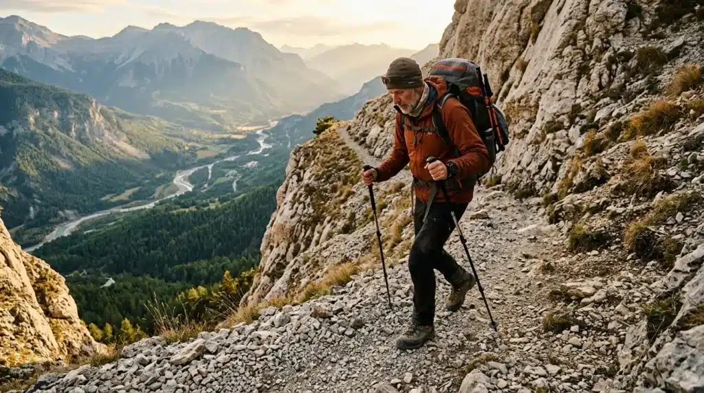 Randonneur solitaire sur sentier montagneux avec vallée verdoyante en arrière-plan