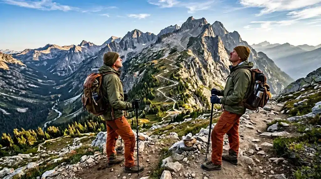 Deux randonneurs avec sacs à dos observent les montagnes alpines enneigées