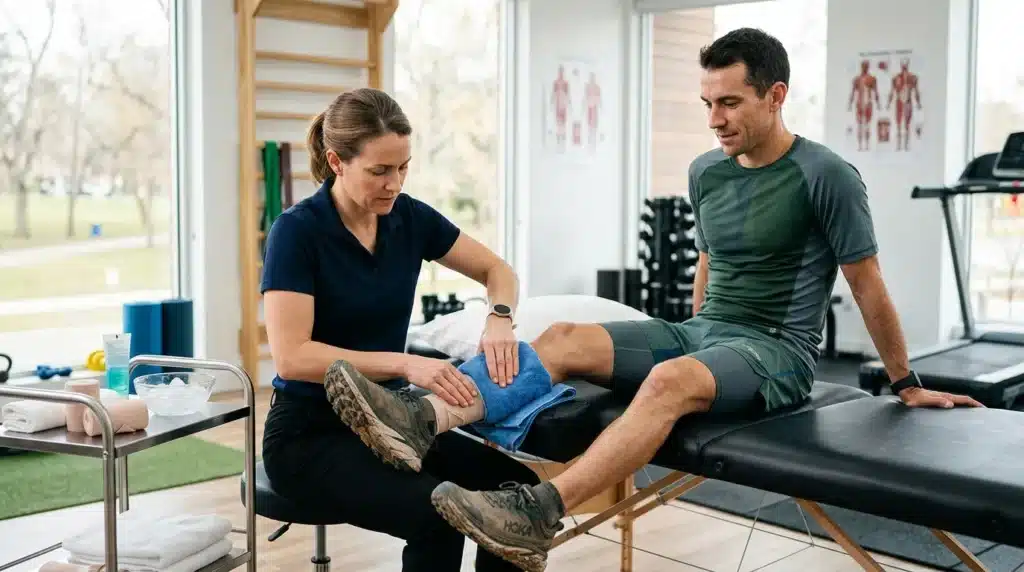 Thérapeute examinant la jambe d'un patient assis