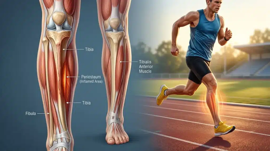 Anatomie du tibia montrant une périostite et un coureur