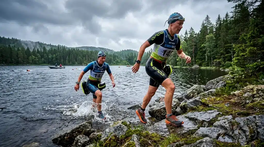 Deux athlètes sortent de l'eau pour courir en montagne