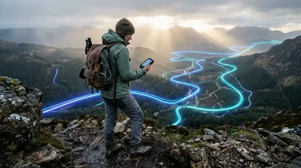 Randonneur avec smartphone contemplant vallée illuminée technologiquement