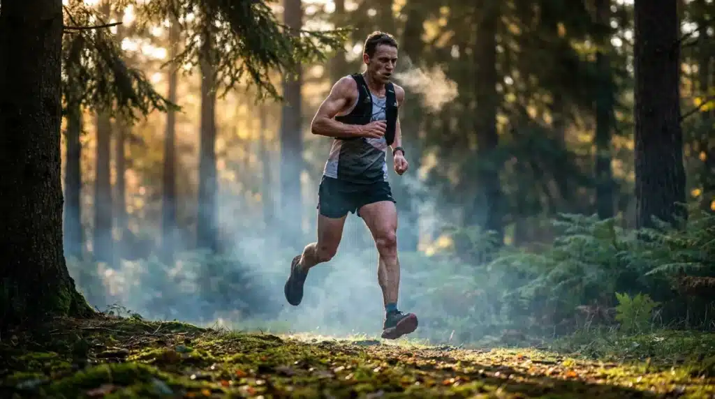 Coureur trail solitaire dans forêt de conifères