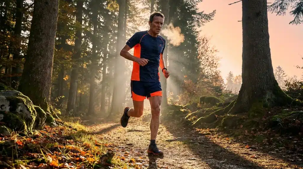 Coureur solitaire dans une forêt avec rayons de soleil