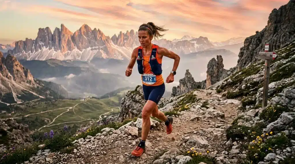 Femme coureur en montagne avec paysage alpin spectaculaire