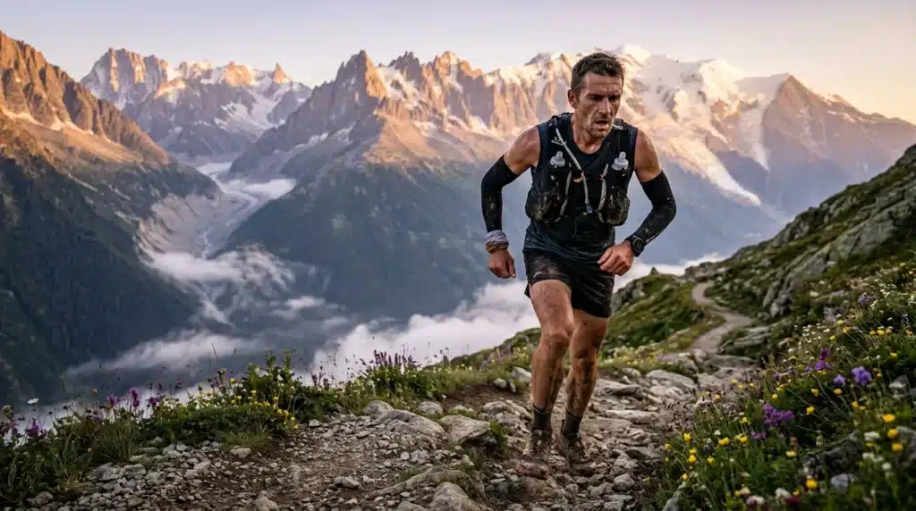 Coureur de trail dans les Alpes avec montagnes enneigées en arrière-plan