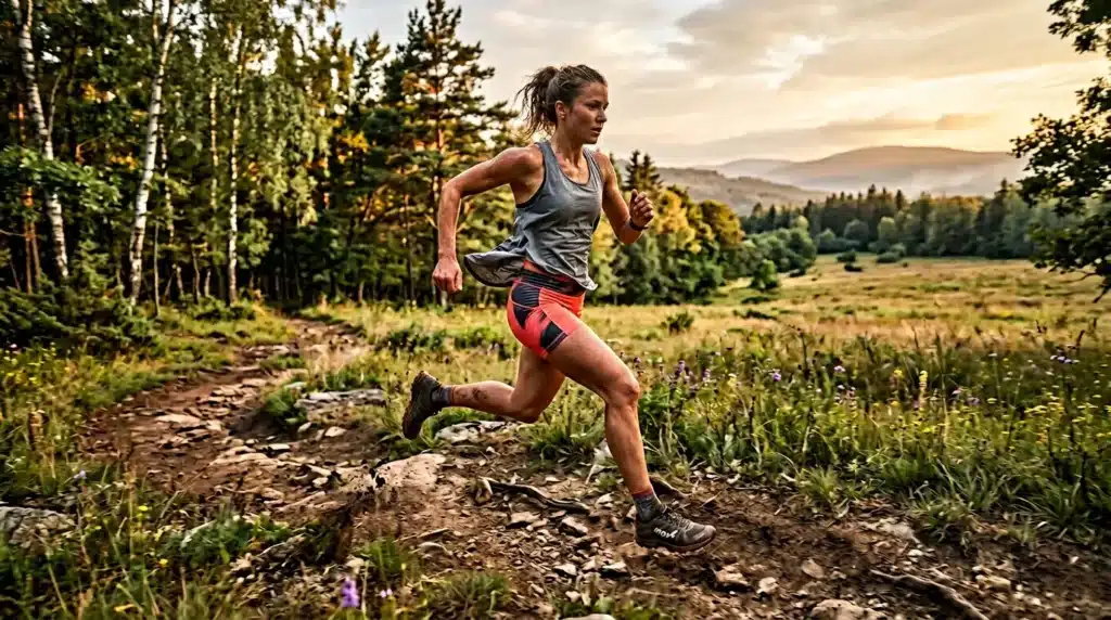 Femme courant sur sentier montagneux entouré de forêt