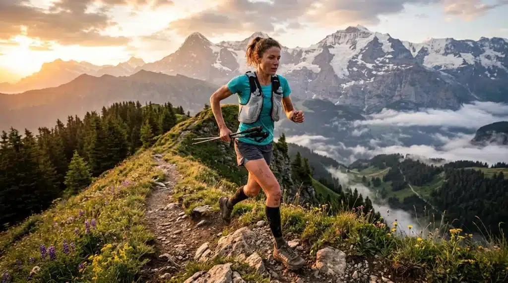 Femme trail runner dans les Alpes suisses au coucher de soleil