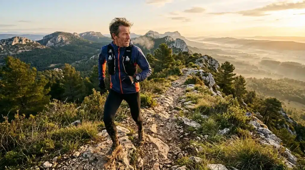 Coureur homme montagne rocheuse paysage vallée brumeux