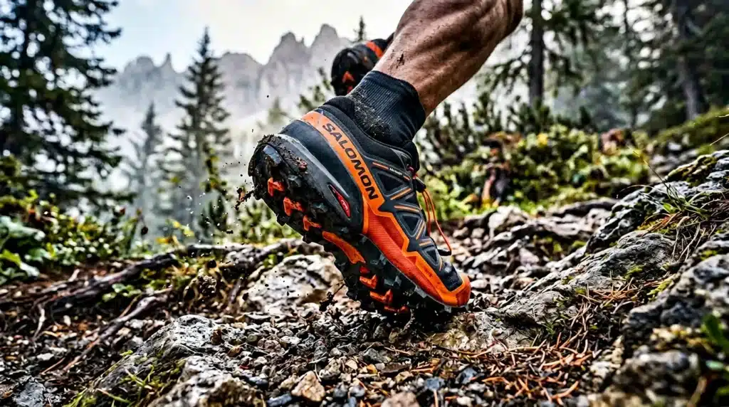 Coureur en chaussures Salomon sur sentier montagneux rocheux
