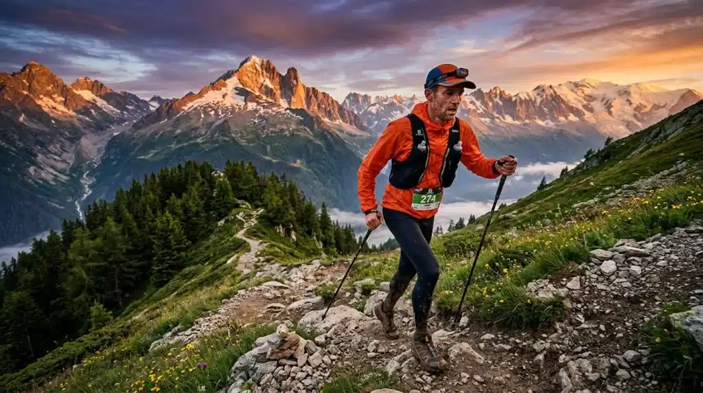 Coureur en trail dans les Alpes avec montagnes en arrière-plan