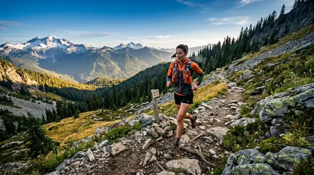 Femme trail running sur sentier montagneux avec pics enneigés