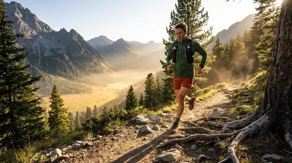 Coureur en montagne avec vue panoramique sur vallée
