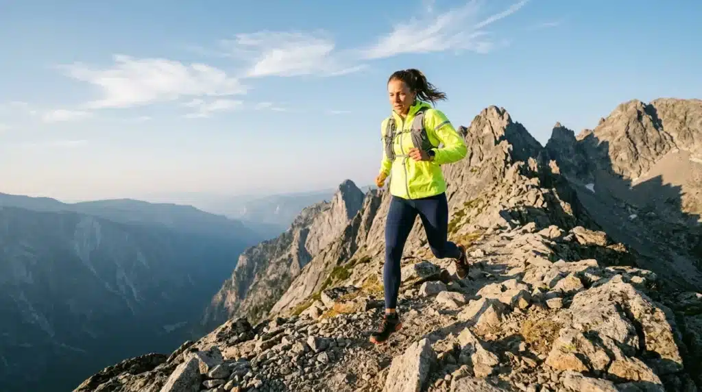 Femme en trail running sur crête rocheuse montagne