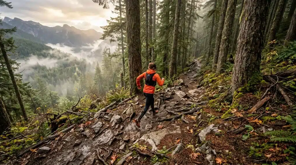 Coureur en orange sur sentier montagneux entouré de sapins