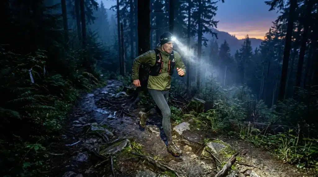 Coureur de nuit avec lampe frontale en forêt