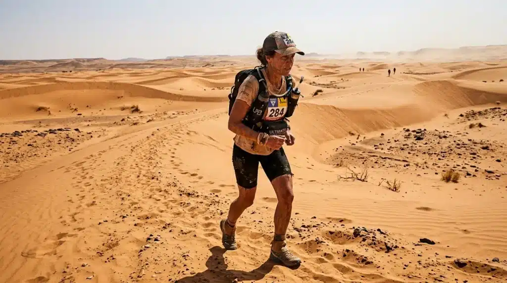 Athlète numéroté courant dans les dunes de sable du désert