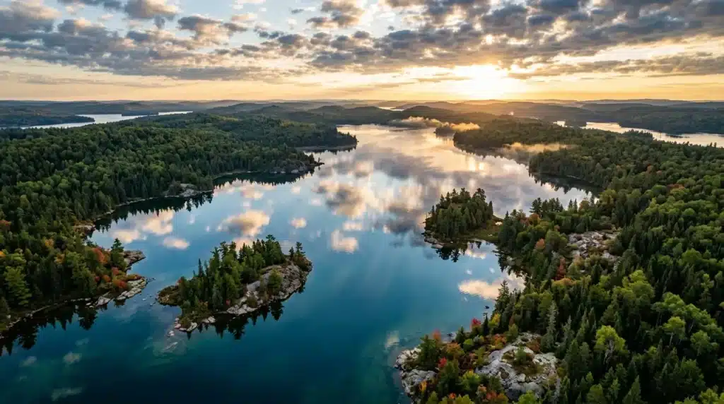Vue aérienne de lacs entourés de forêts boréales au coucher soleil
