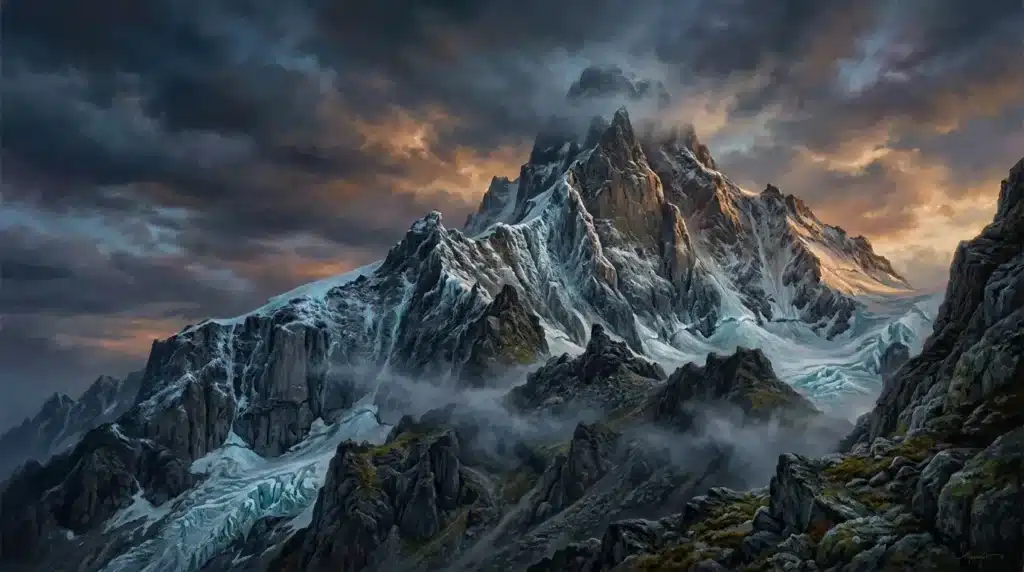 Montagne enneigée majestueuse avec glacier et ciel orageux