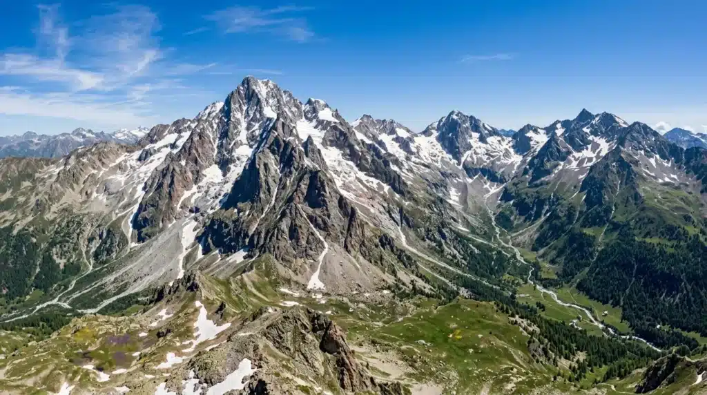 Chaîne de montagnes rocheuses enneigées avec vallées verdoyantes
